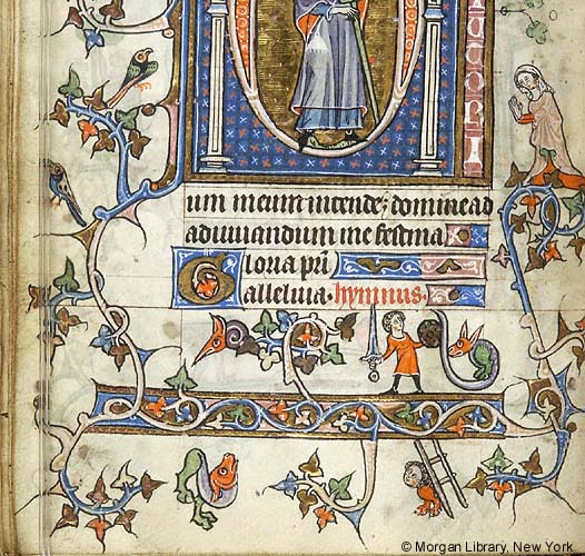 Fol. 435v, Romans, historiated initial P, Paul seated with a sword talking  to the bust of God above, c. 1275-1300. Biblical manuscripts were highly  prized and important possessions of churches, monasteries, cathedral